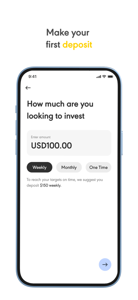 Wahed - Wahed app screen showing options to enter an investment amount and select frequency like weekly or monthly