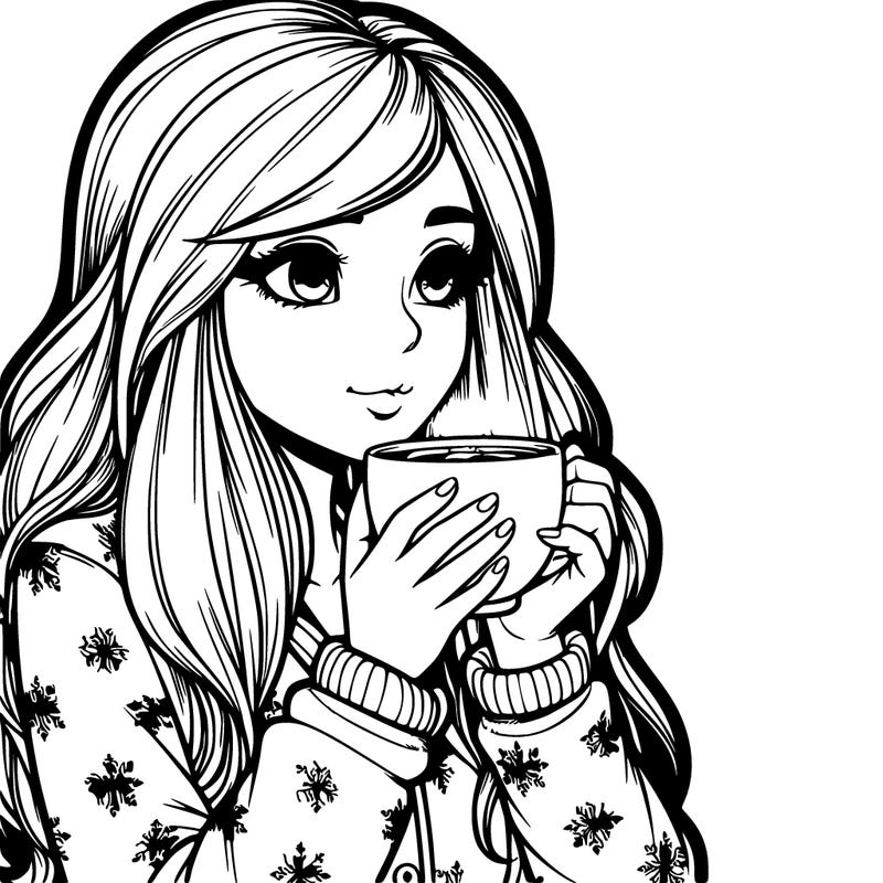 realistic girl drinking hot chocolate in the winter in pj's