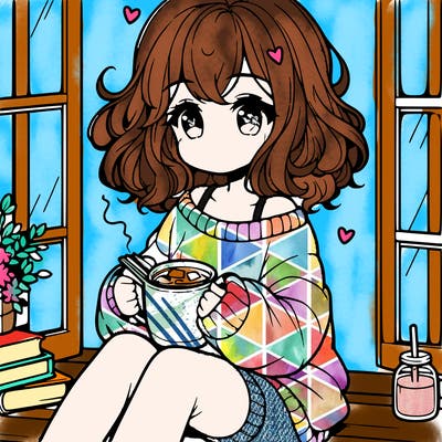 cute anime girl reading book and drinking hot chocolate from mug with loose wavy hair wearing a baggy sweatshirt and shorts sitting by windowsill looking out