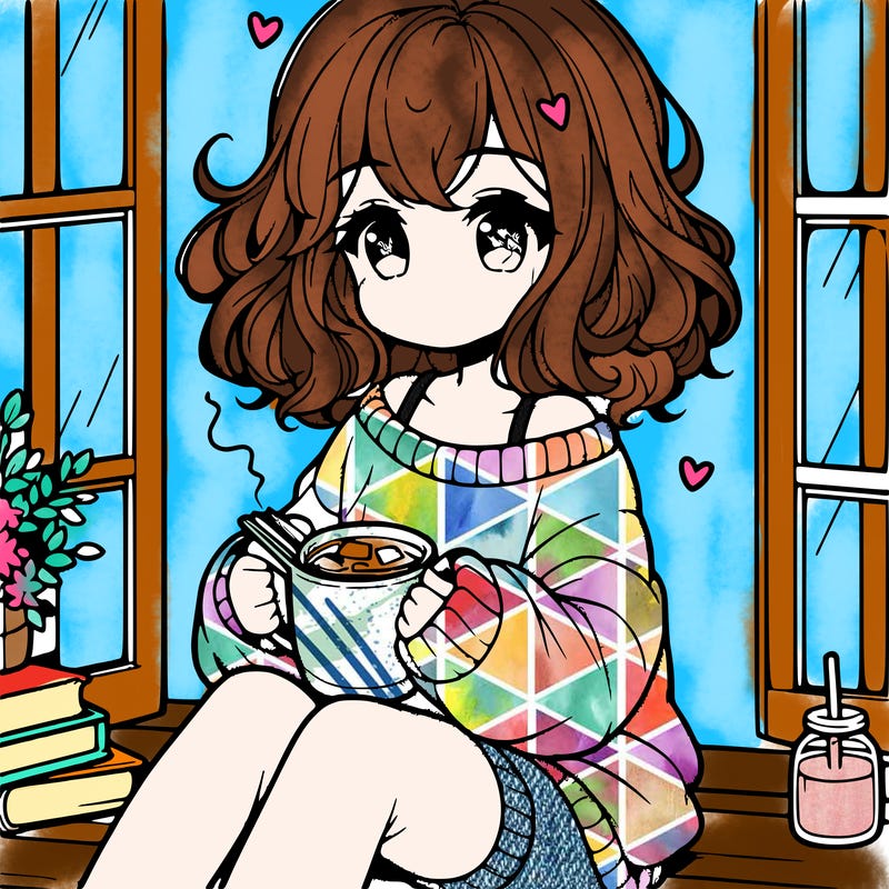 cute anime girl reading book and drinking hot chocolate from mug with loose wavy hair wearing a baggy sweatshirt and shorts sitting by windowsill looking out