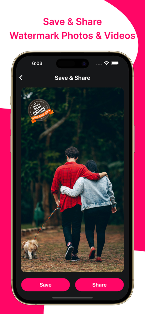 Add Watermark : Photo & Video - Interface of the Add Watermark app showing options to save and share a photo with a custom logo watermark