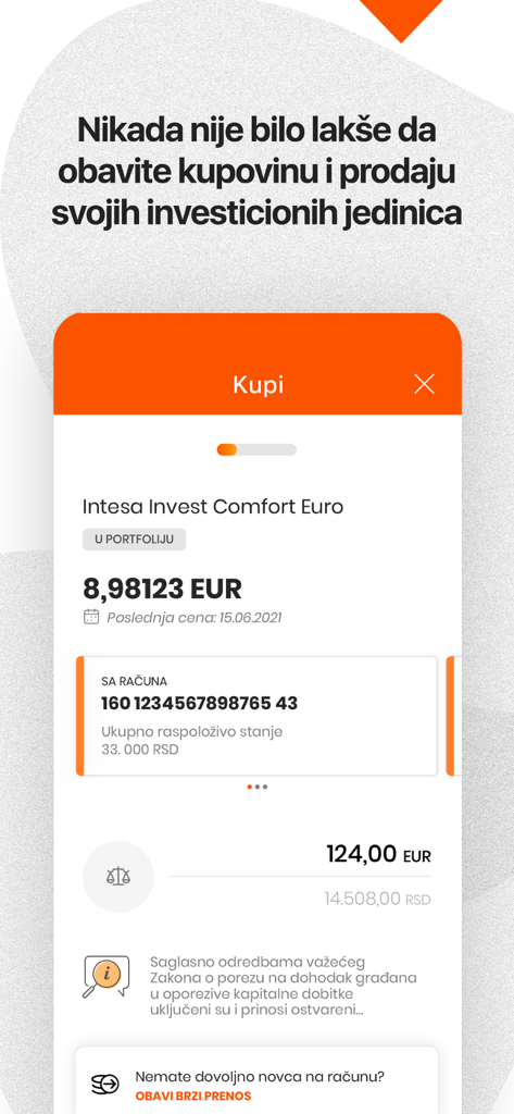 Banca Intesa Mobi app interface for buying investment units in Euro with account balance details