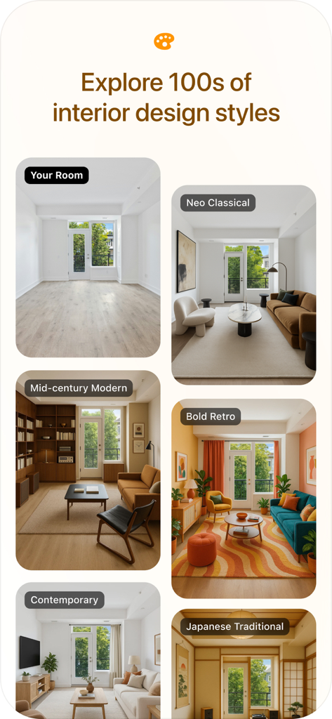 Spacia: AI Home Design - A comparison of different interior design styles like Neo Classical and Mid-century Modern applied to an empty room using the Spacia app.