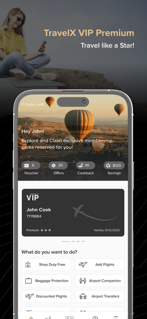 Travel VIP - Travel VIP app dashboard displaying premium membership card and travel concierge services