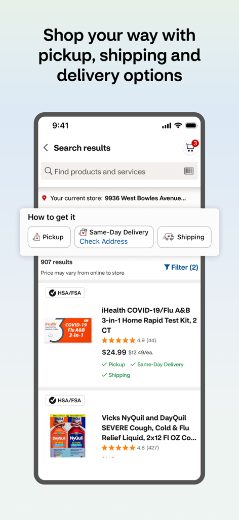 CVS Health app product search screen showing pickup shipping and delivery options for health supplies