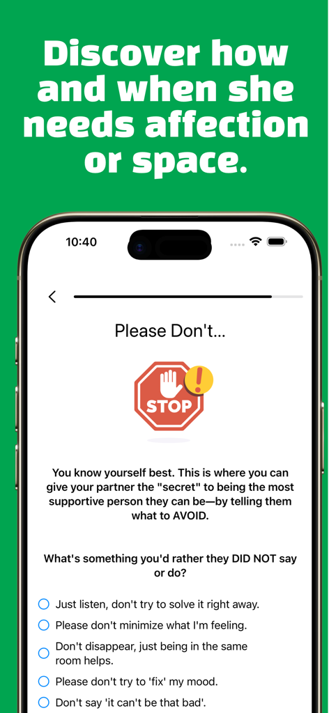 MoonM8 app screen showing a list of preferences to help partners understand how to provide support during a cycle