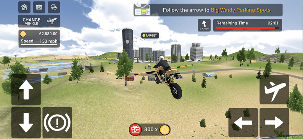 Una moto voladora con alas surcando el aire en un juego de simulación.