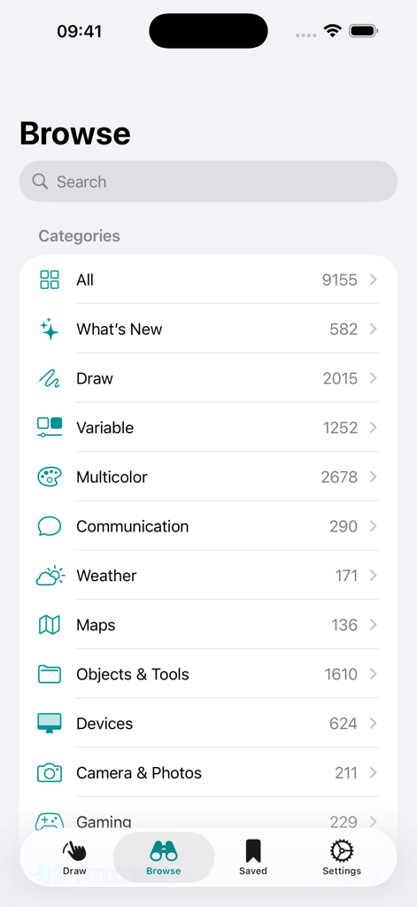 SF Search - SF Searchアプリのカテゴリ閲覧画面。コミュニケーションや天気などのさまざまなSFシンボルのアイコングループが表示されています。
