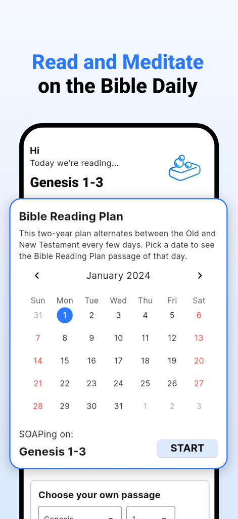 Daily SOAP - Bible reading app - Daily SOAP app interface showing a two-year Bible reading plan calendar for January 2024.