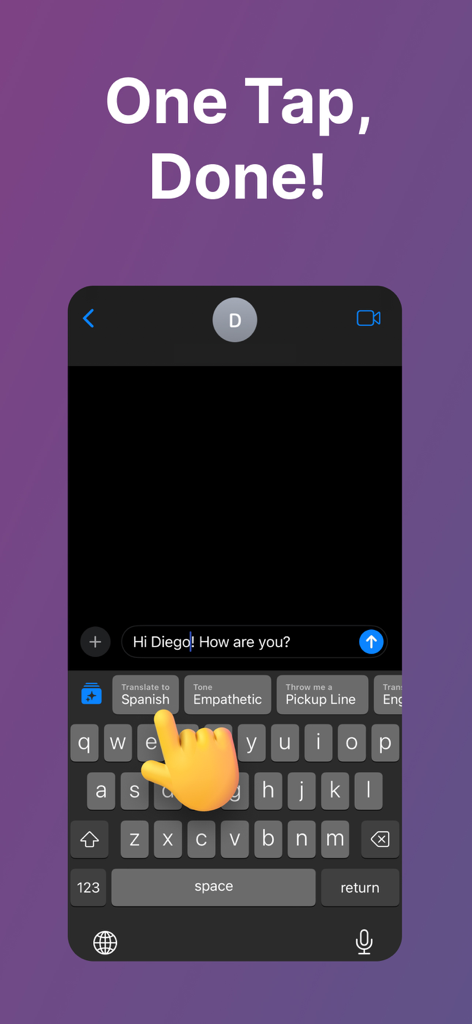 Interfaz del teclado IA Smart Keys que muestra botones de traducción con un toque y personalización de tono en una aplicación de mensajería