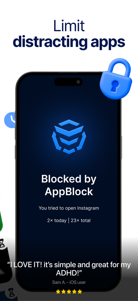 AppBlock: Block Apps & Website - Écran de l'application AppBlock montrant une notification d'accès Instagram bloqué avec un avis utilisateur cinq étoiles mentionnant la productivité et la concentration pour le TDAH.