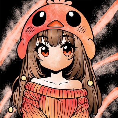 anime girl with chick shaped hat with sweater with bare shoulders with bangs covering them one eye with low tail