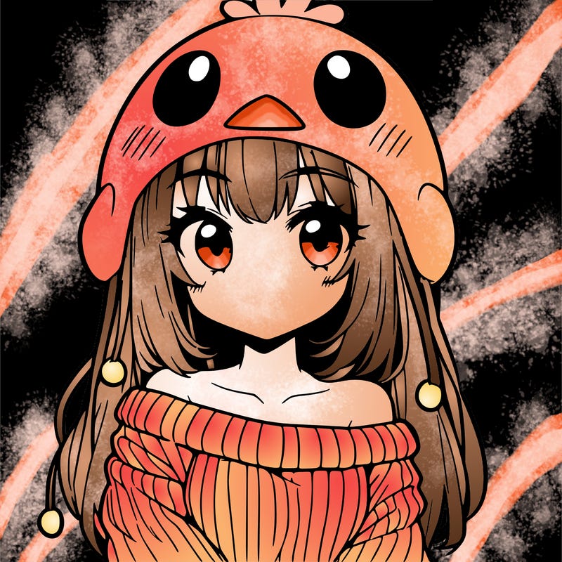 anime girl with chick shaped hat with sweater with bare shoulders with bangs covering them one eye with low tail
