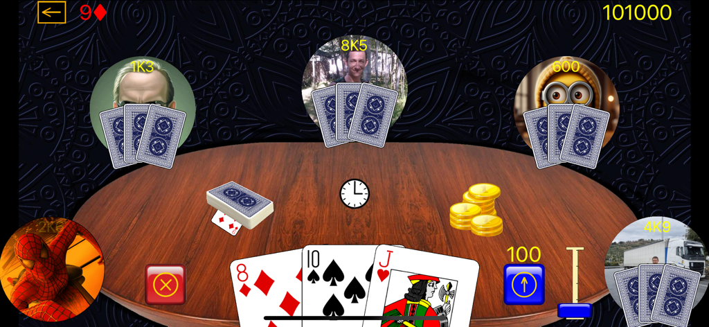 Azi Card Game - 가상 플레이어와 베팅 테이블이 있는 아지 카드 게임의 게임 플레이 화면