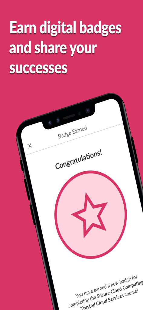 Una pantalla de smartphone mostrando una pantalla de felicitación por obtener una nueva insignia digital en la aplicación Skillsoft Percipio.