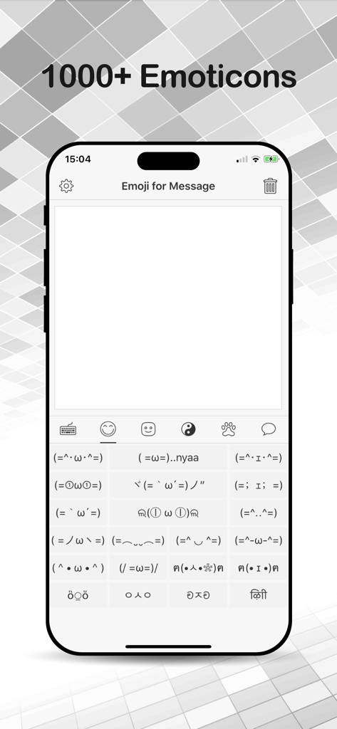 Interface do aplicativo Emoji para Mensagem mostrando uma seleção de caras de texto e emoticons
