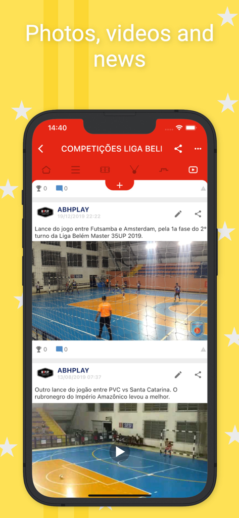 Interface de l'application Easy Tournament montrant un flux avec des photos de sports et des faits saillants vidéo des matchs