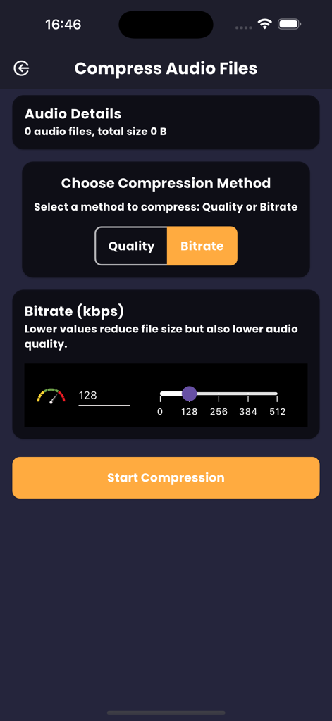 Audio Compressor MP3 - Screen showing audio compression options with bitrate selection slider and start compression button