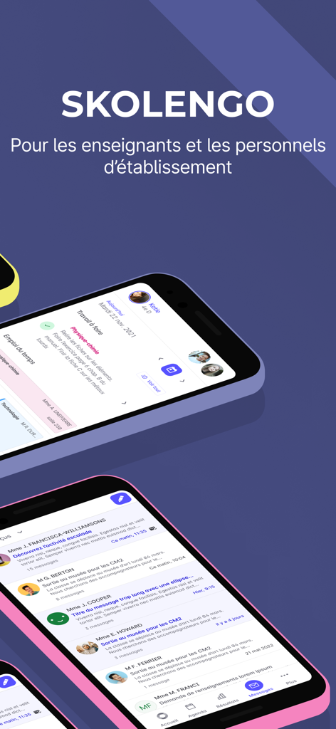 Skolengo - Interface de l'application mobile Skolengo pour les enseignants et le personnel scolaire montrant les écrans d'emploi du temps et de messagerie