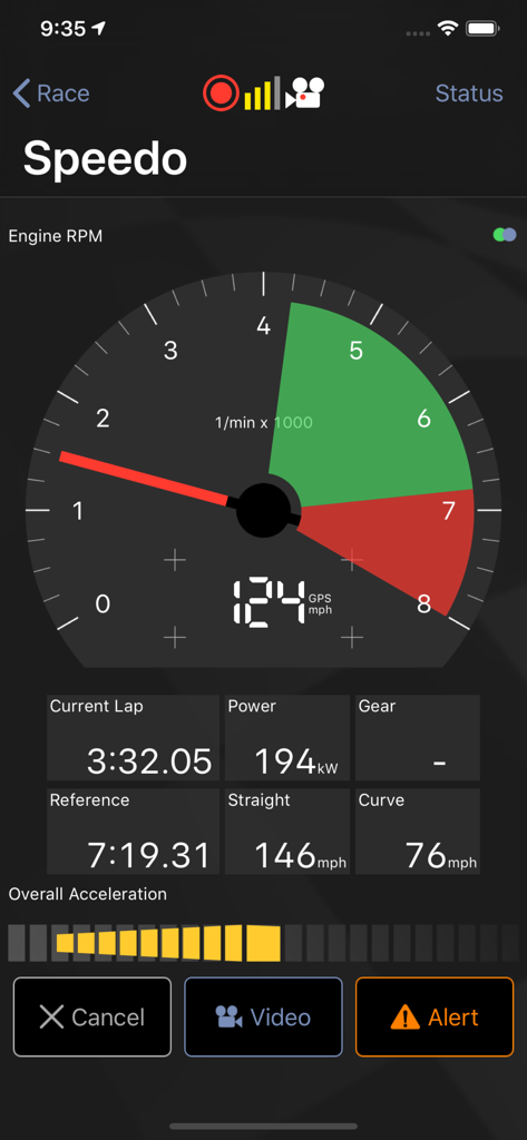 Harrys LapTimer Petrolhead app screen displaying engine RPM and vehicle performance data