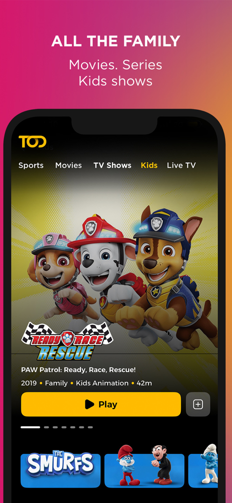 Interface of the TOD app displaying the Kids section with PAW Patrol and The Smurfs content