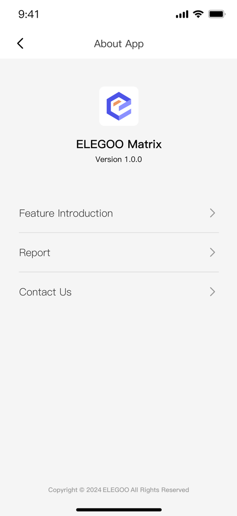 A mobile app screenshot showing the About App page for ELEGOO Matrix version 1.0.0 with the company logo and menu links for feature introduction, reports, and contact info.