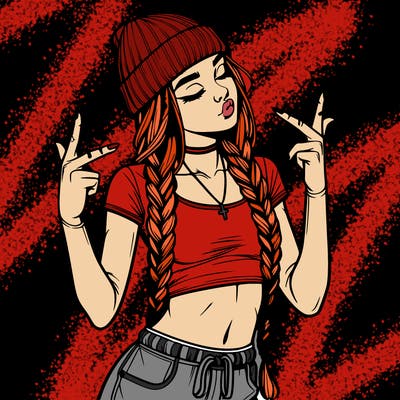realistic teenage girl with braids and a beanie and crop top doing 🫶🏼