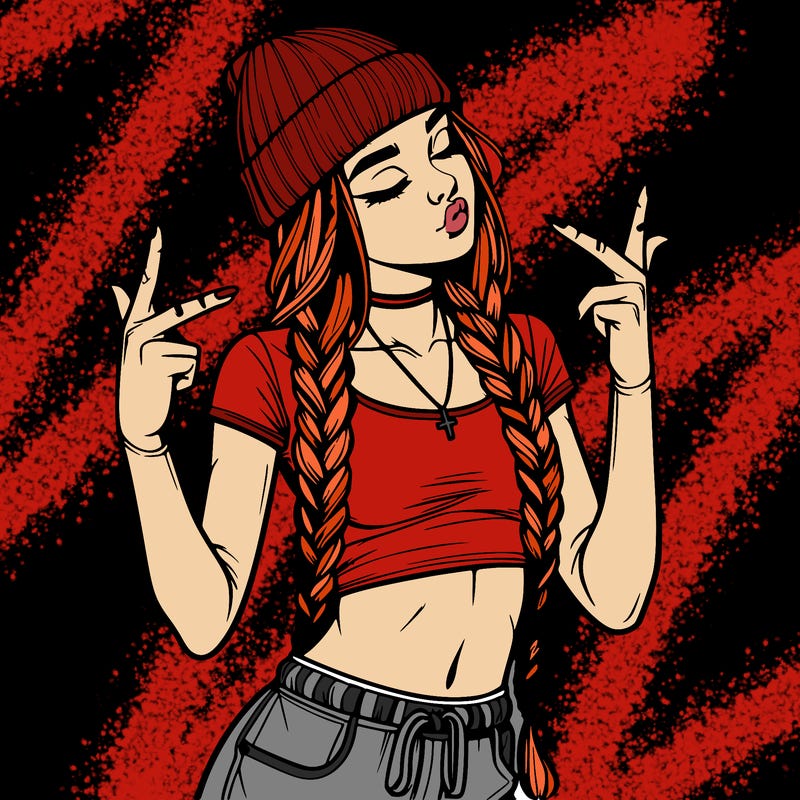 realistic teenage girl with braids and a beanie and crop top doing 🫶🏼