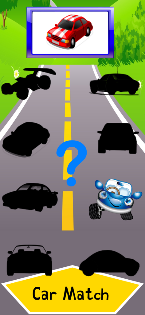 Car Match 2026 - Traffic Jam - A car matching puzzle for toddlers featuring a red car and several black silhouettes on a road