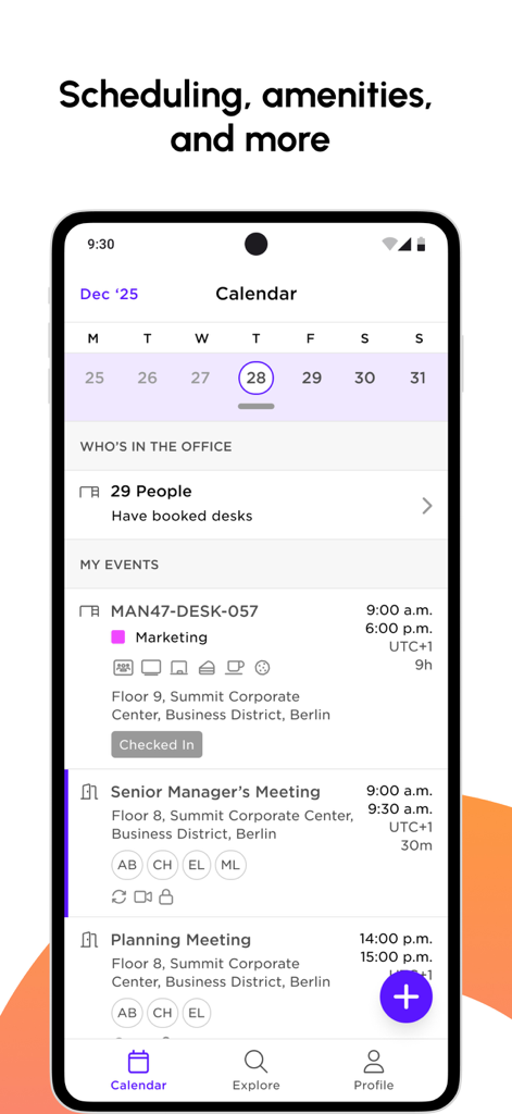 Poppulo - Calendar interface of the Poppulo app displaying office desk bookings and daily meeting schedules.