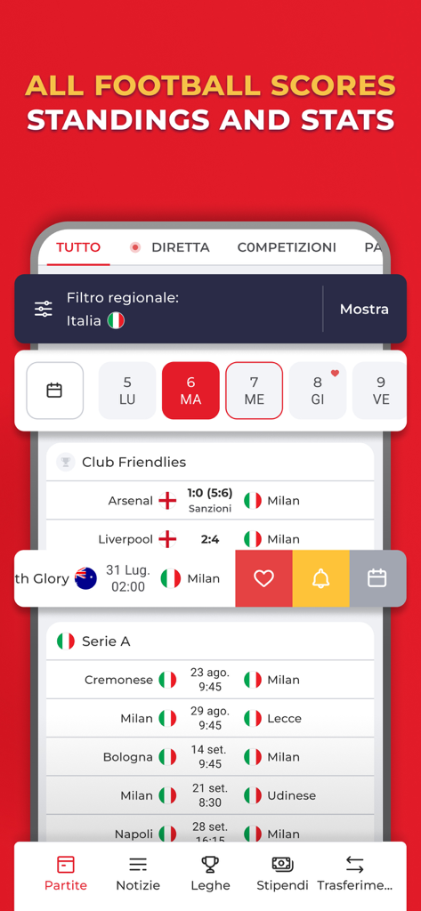 Interface of the Rossoneri Live app showing AC Milan football scores standings and match schedules