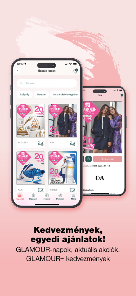 GLAMOUR Hungary app interface showing exclusive shopping coupons and fashion discounts