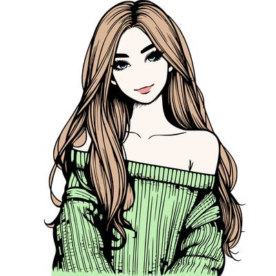 realistic girl with long hair wearing an off the shoulder sweater