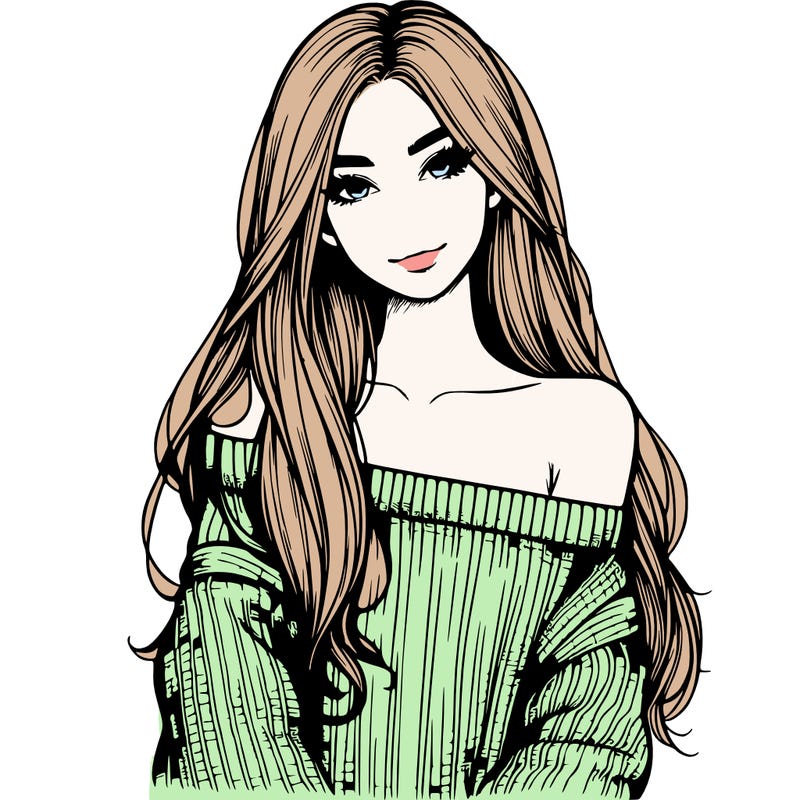 realistic girl with long hair wearing an off the shoulder sweater