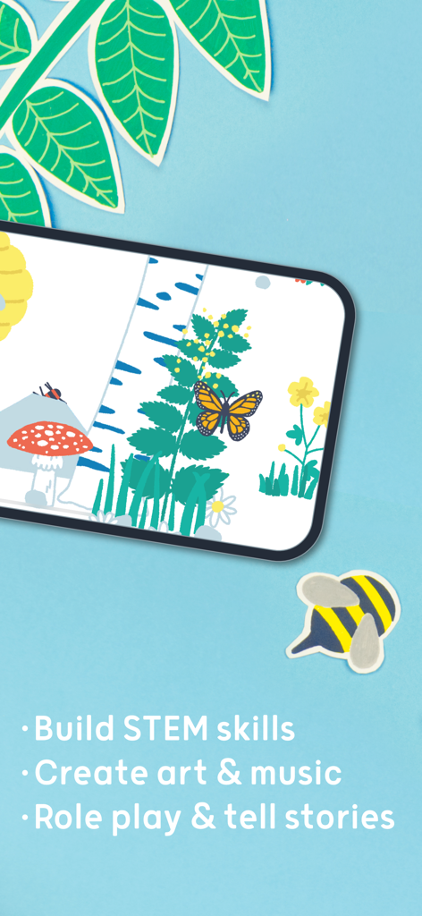 A smartphone displaying a nature scene from the Pok Pok app with text highlights about building STEM skills and creative role play