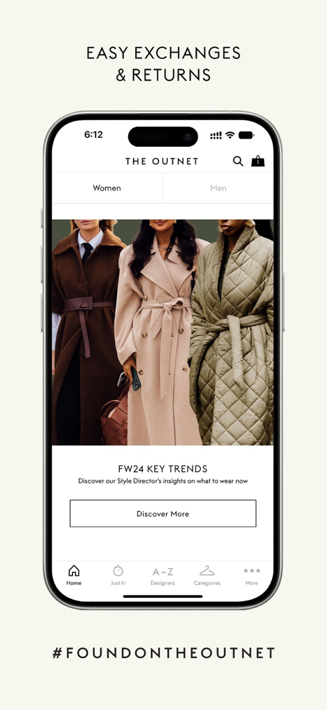 THE OUTNET: Luxury for less - Smartphone screen displaying THE OUTNET luxury shopping app with women's winter coats and fashion trends