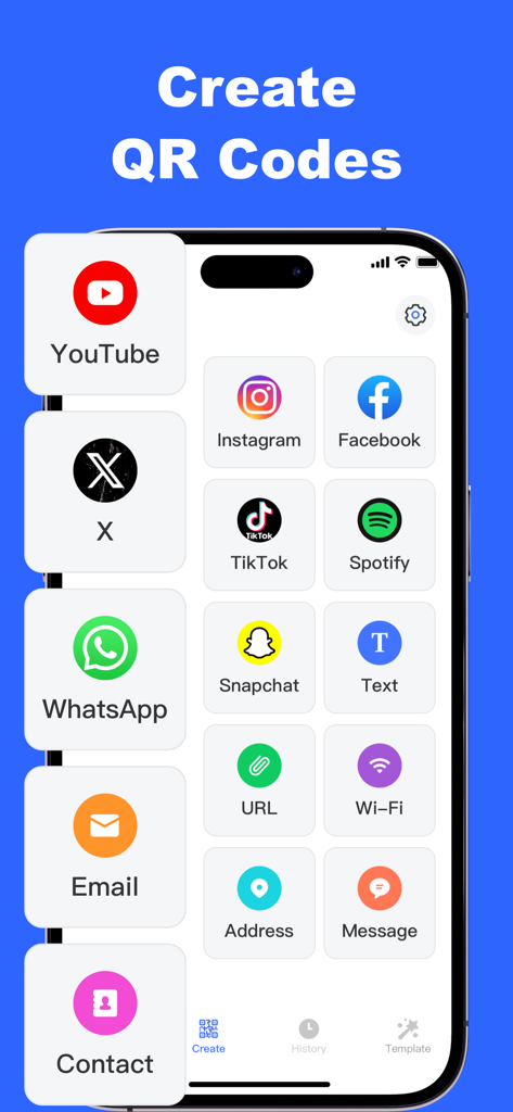 Wise QR - Barcode Scanner - Interfaz de la aplicación Wise QR mostrando opciones para crear códigos QR para redes sociales y sitios web