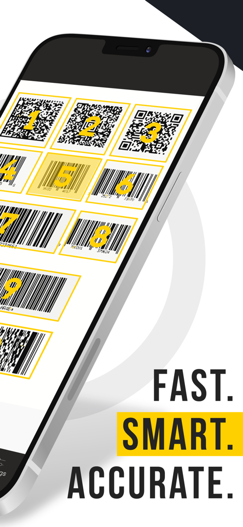 Mobile phone screen displaying the CodeREADr app scanning multiple numbered barcodes and QR codes