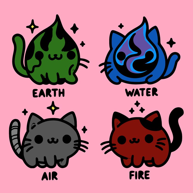 4 cats that represent the different elements, earth, water, air, and fire