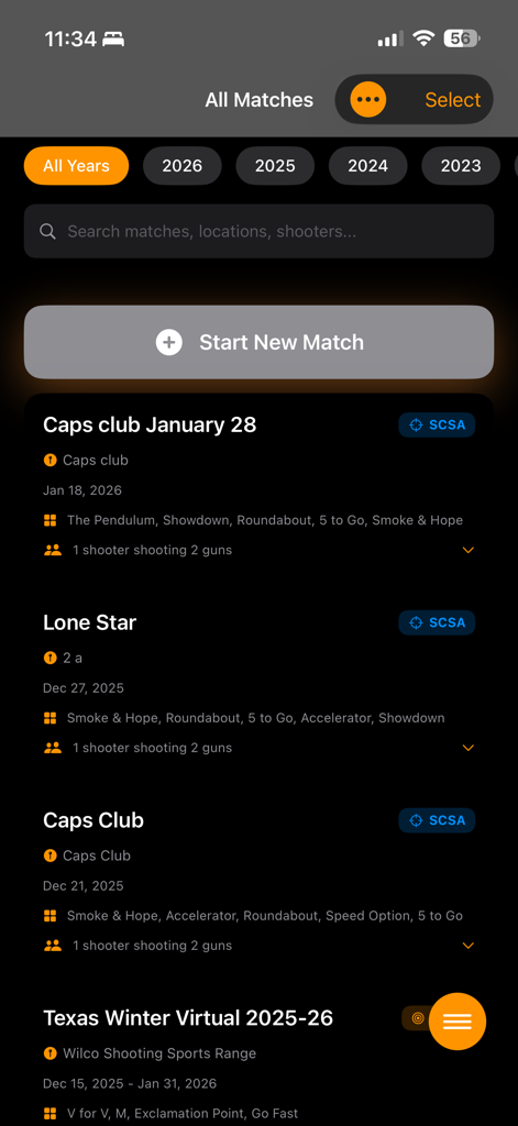 Match Metrics - Dashboard do Match Metrics mostrando uma lista de competições de tiro com aço SCSA e histórico