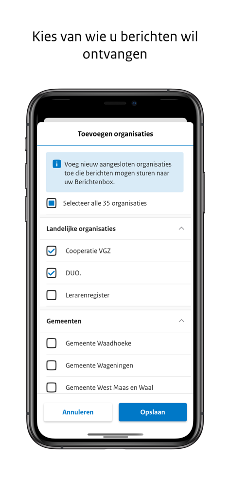Berichtenbox - Pantalla de la aplicación Berichtenbox para elegir de qué organizaciones del gobierno neerlandés recibir mensajes digitales.