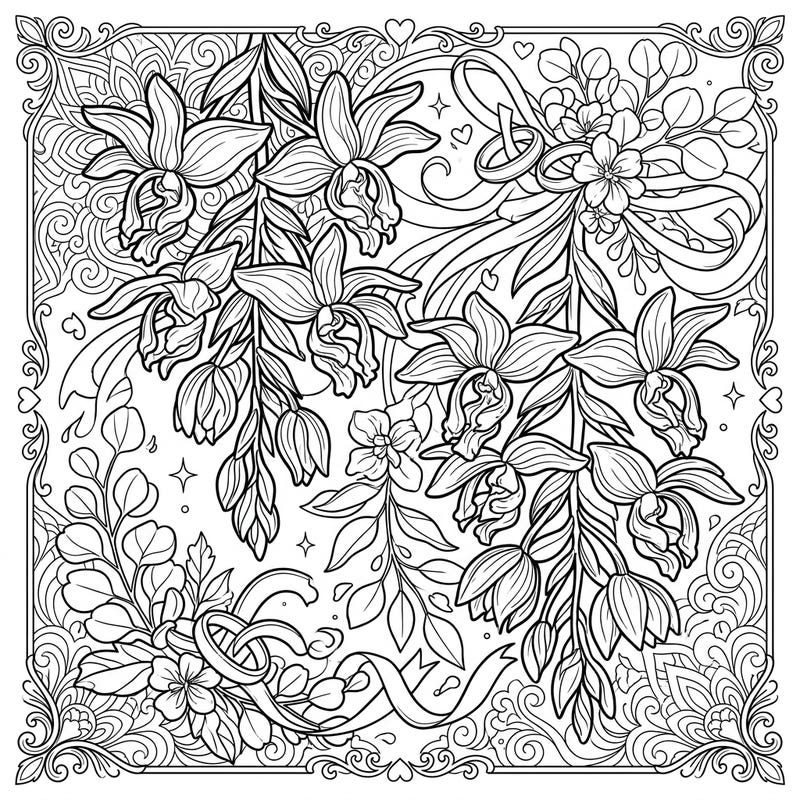 Discover the beauty of our Stanhopea Orchid Wedding coloring page, blending exotic florals with romantic wedding motifs. This elegant design invites you to color intricate details, perfect for celebrating love and nature.