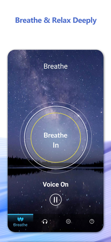 Relax And Sleep Well Hypnosis - A breathing exercise screen in the Relax and Sleep Well Hypnosis app featuring a starry night sky over a calm lake.