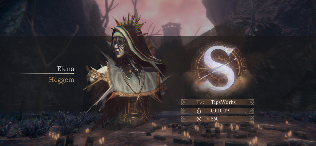 Pascal's Wager - 『Pascal's Wager』のヘッゲムエリアでのSランク結果画面。キャラクターはエレナ。