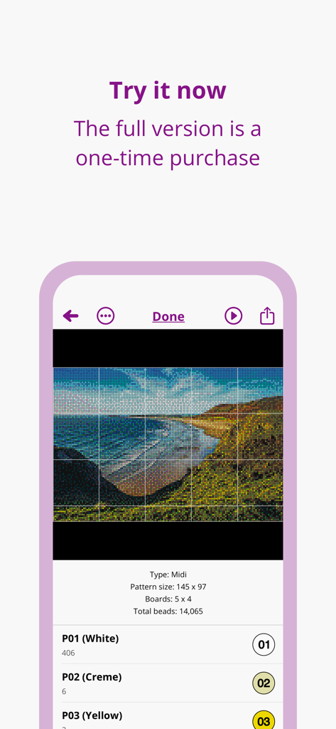 Perlypop: Perler beads - Interfaz de la aplicación Perlypop mostrando un patrón detallado de paisaje de cuentas de fusión y los colores de cuentas requeridos.