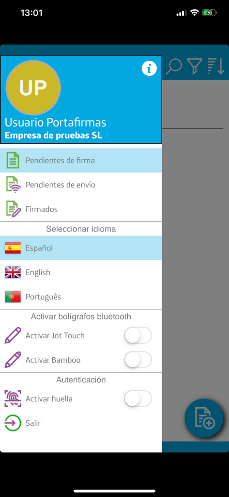 Firma Digital - Seitenmenü der Firma Digital App mit Dokumentenstatus-Kategorien und Sprachauswahloptionen.