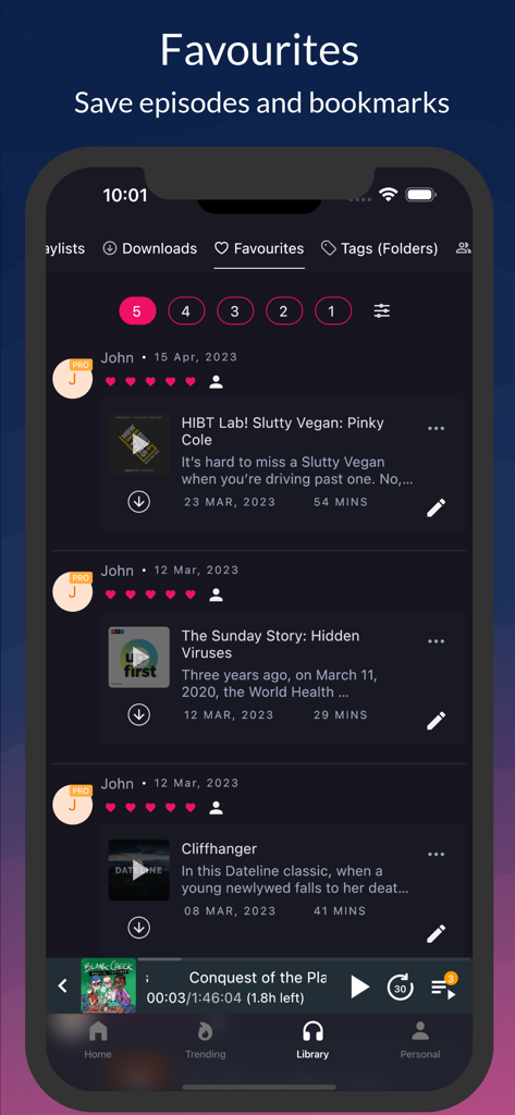 AI Podcast Player: Podurama - Interfaccia dell'app Podurama che mostra la sezione preferiti con episodi di podcast salvati e valutazioni per livello