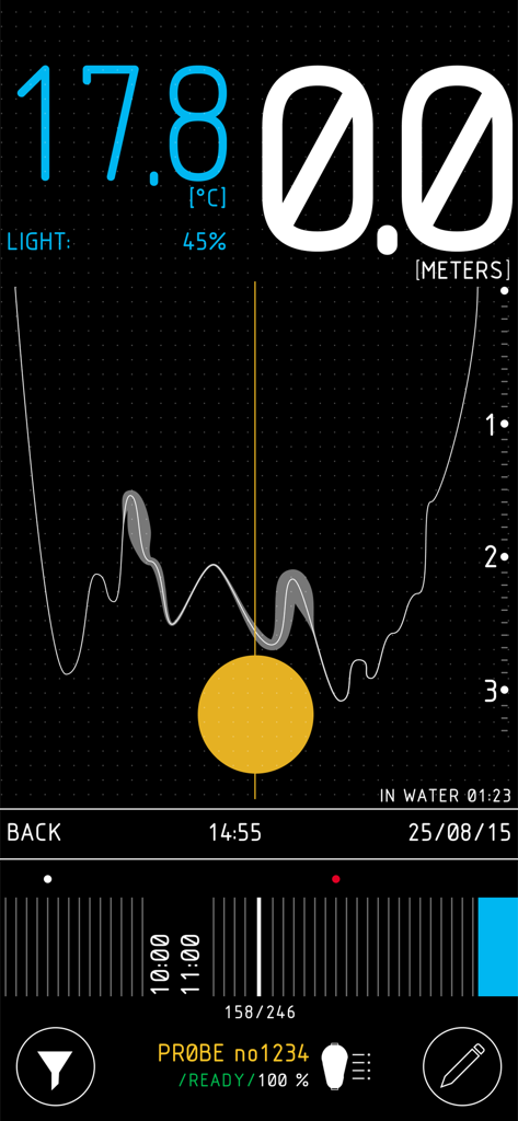 PROBE Fishing - PROBE Fishing app dashboard showing real time lure depth and water temperature.