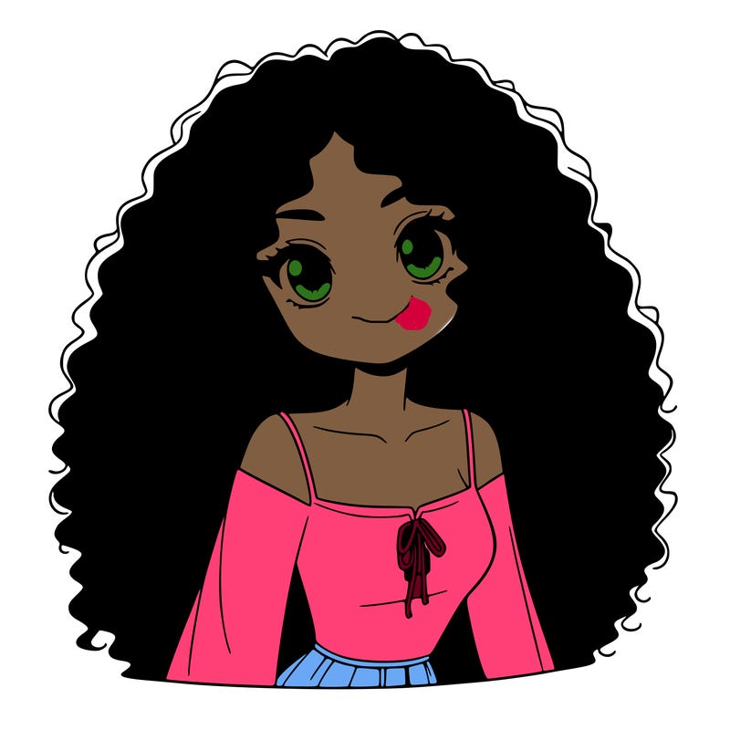 a black anime girl with long afro hair