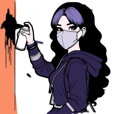 realistic girl with mask spray painting a wall